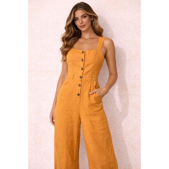 Reformation Pants - REFORMATION Wide Leg‎ Linen Jumpsuit Mustard Yellow Sz 0